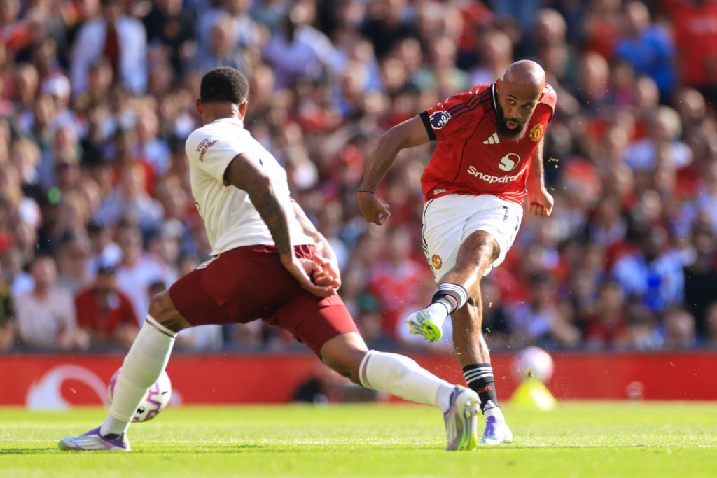 Bryan Mbeumo of Manchester United shoots