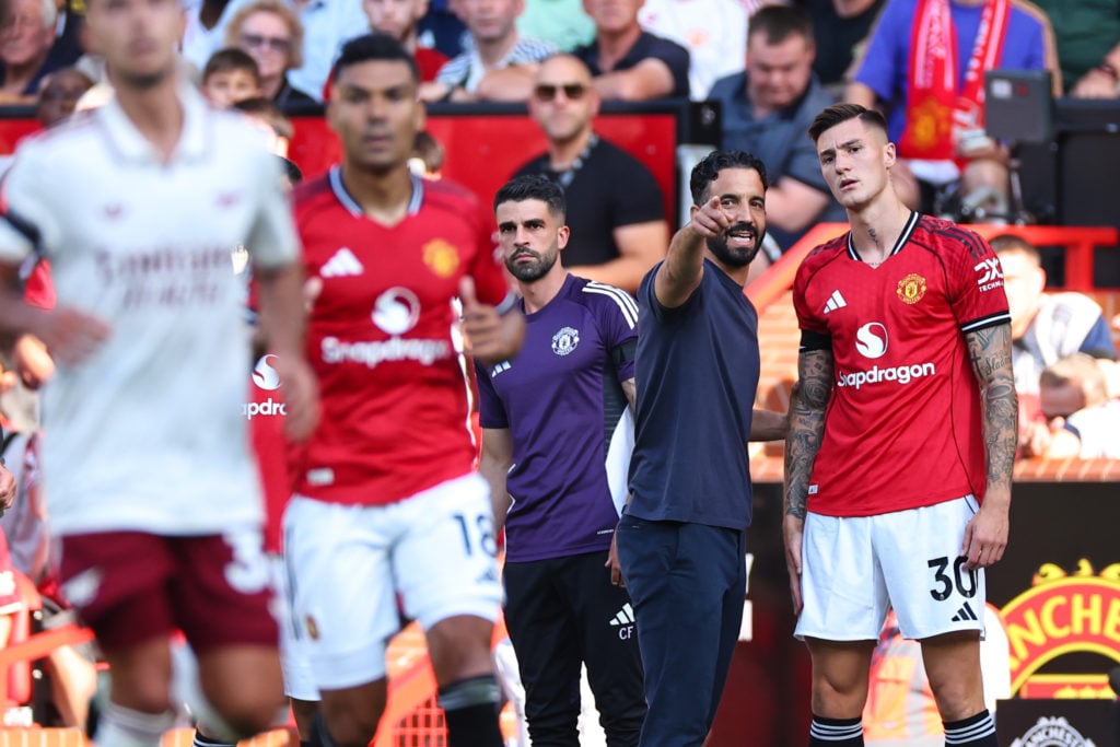 Ruben Amorim instructs Benjamin Sesko as the Manchester United striker comes on during the Premier League match between Manchester United and Arsenal at Old Trafford in 2025 in Manchester, England.