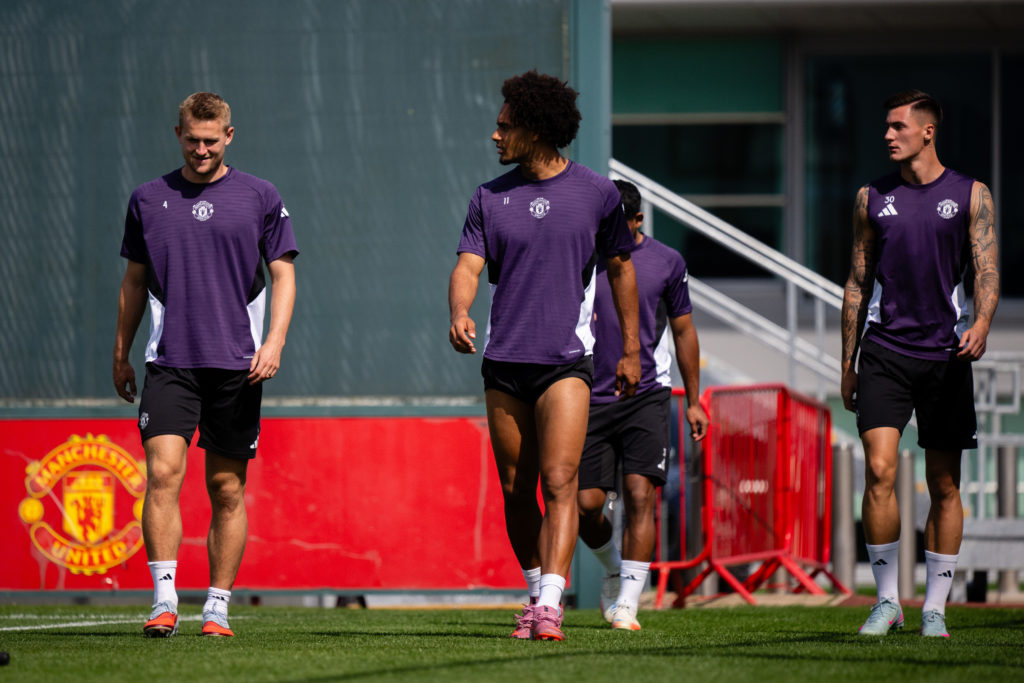 Matthijs de Ligt, Joshua Zirkzee, Benjamin Sesko of Manchester United in action during a first team training session