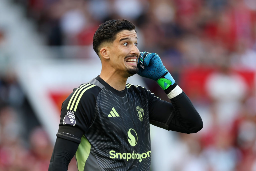 Altay Bayindir of Manchester United reacts during the Premier League match between Manchester United and Arsenal at Old Trafford on August 17, 2025