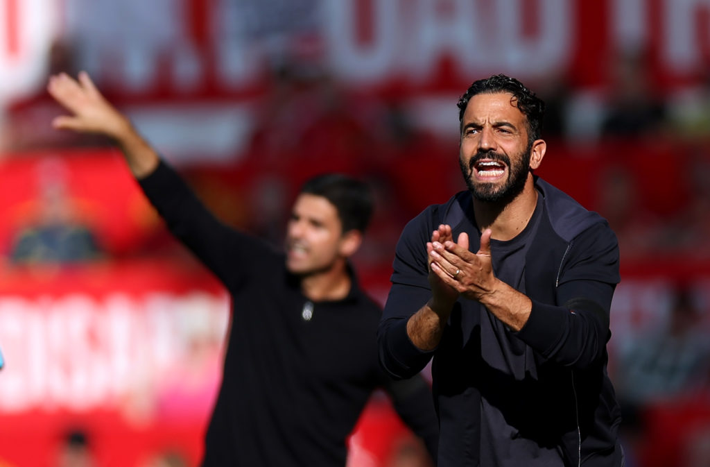 Ruben Amorim giving instructions on the touchline along with Mikel Arteta