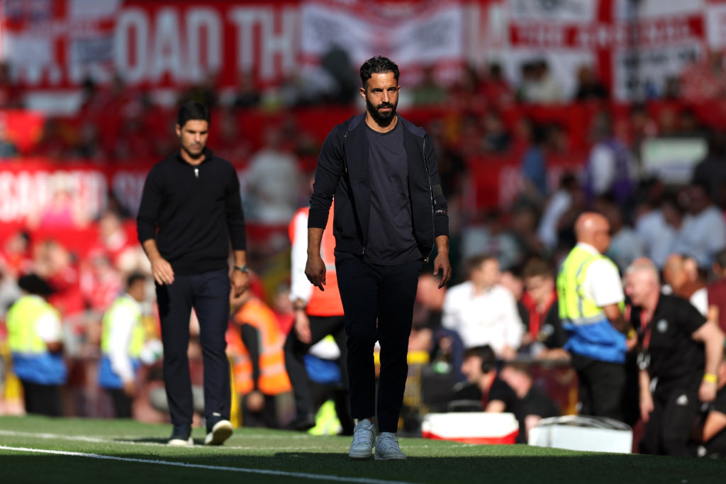 Ruben Amorim, Manager of Manchester United leaves the pitch for half-time during the Premier League match between Manchester United and Arsenal at Old Trafford on August 17, 2025