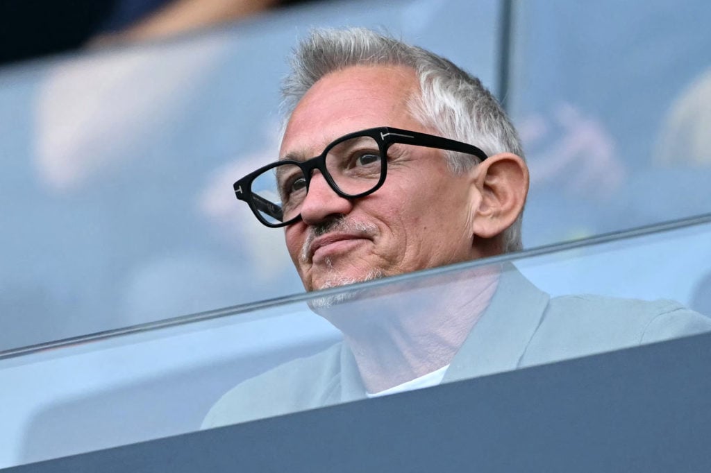 The Rest Is Football podcast co-host Gary Lineker watches during the Premier League match between Fulham and Manchester United at Craven Cottage in London in 2025.