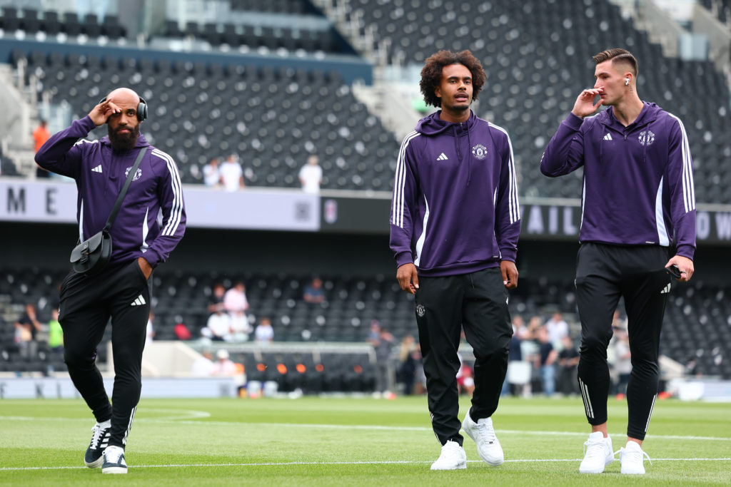 Bryan Mbeumo, Joshua Zirkzee and Benjamin Sesko of Manchester Utd during the Premier League match between Fulham and Manchester United at Craven Cottage on August 24, 2025