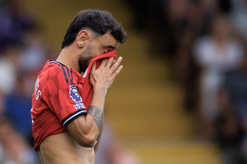 Bruno Fernandes looks dejected during the Premier League match between Fulham and Manchester United at Craven Cottage in 2025 in London, England.