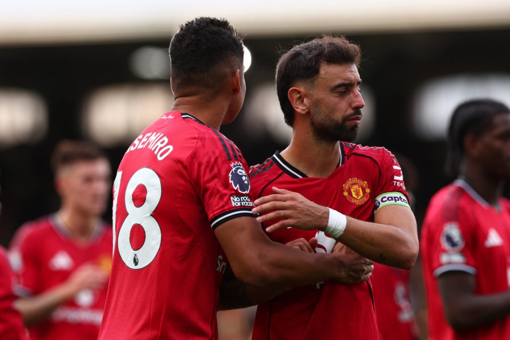 Casemiro consoles a dejected Bruno Fernandes