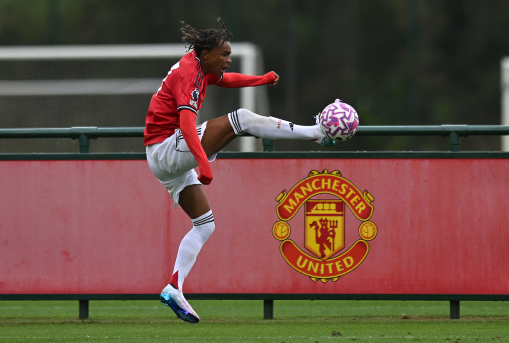 Samuel Lusale controls high pass for Manchester United U18s.