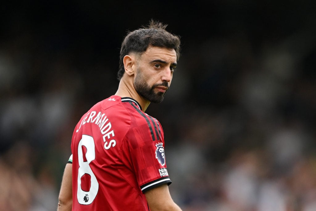 Bruno Fernandes reacts after missing a penalty kick during the Premier League match between Fulham and Manchester United at Craven Cottage in 2025 in London, England.