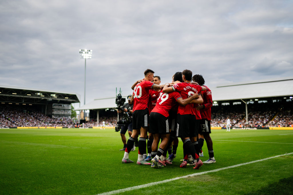 Leny Yoro celebrates scoring during the Premier League match between Fulham and Manchester United at Craven Cottage in 2025 in London, England.