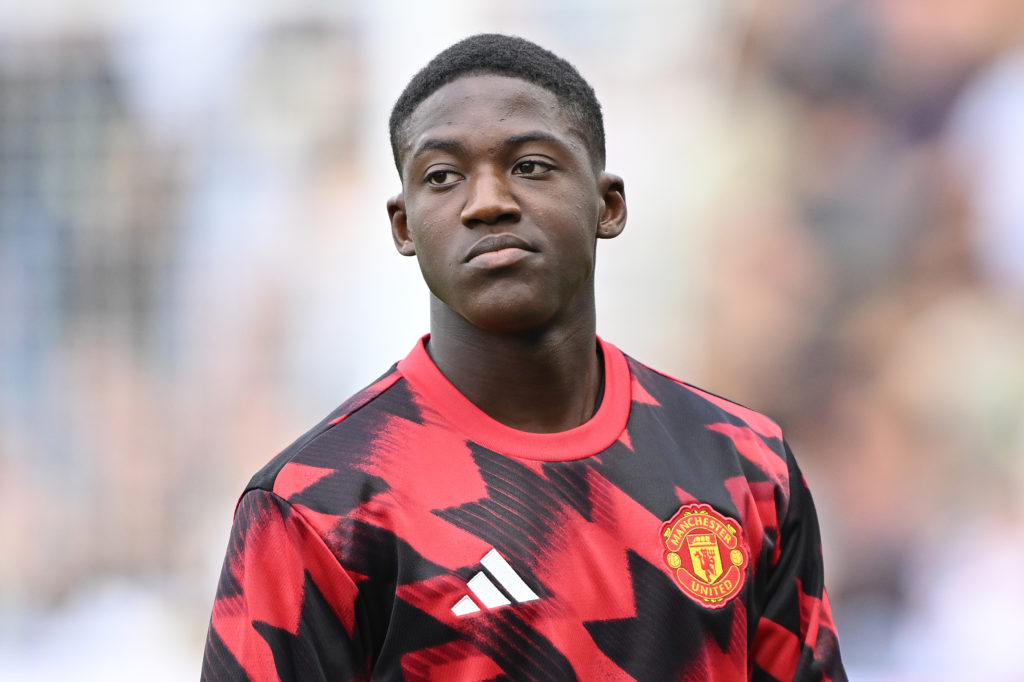 Kobbie Mainoo of Manchester United looks on ahead of the Premier League match between Fulham and Manchester United at Craven Cottage on August 24, 2025