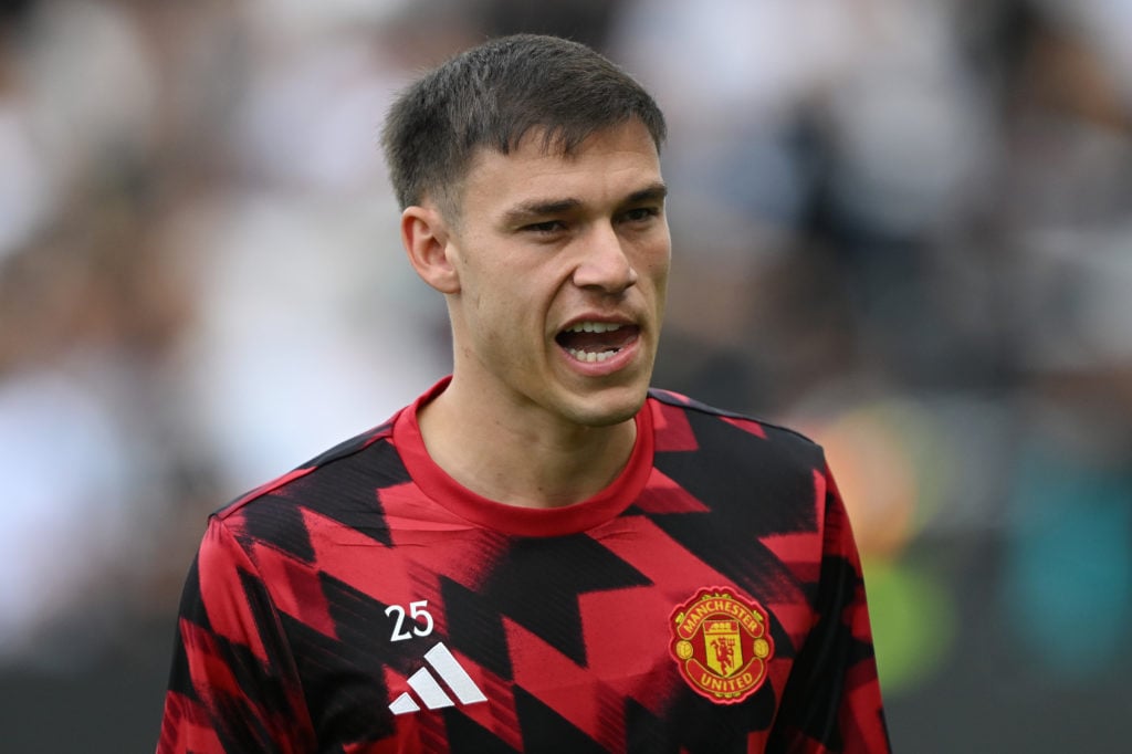 Manuel Ugarte looks on ahead of the Premier League match between Fulham and Manchester United at Craven Cottage in 2025 in London, England.