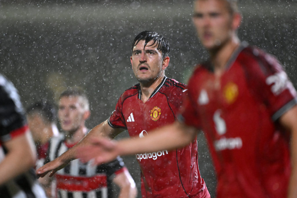 Harry Maguire of Manchester United looks on during the Carabao Cup Second Round match between Grimsby Town and Manchester United at Blundell Park on August 27, 2025