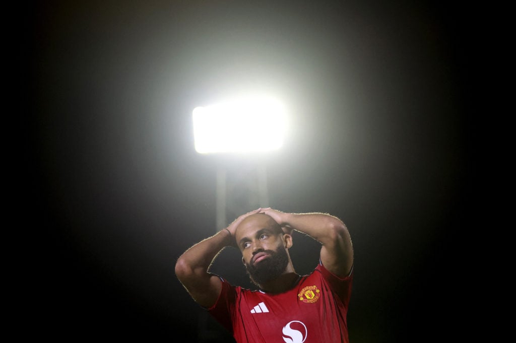 Bryan Mbeumo of Manchester United reacts during the Carabao Cup Second Round match between Grimsby Town and Manchester United at Blundell Park on August 27, 2025