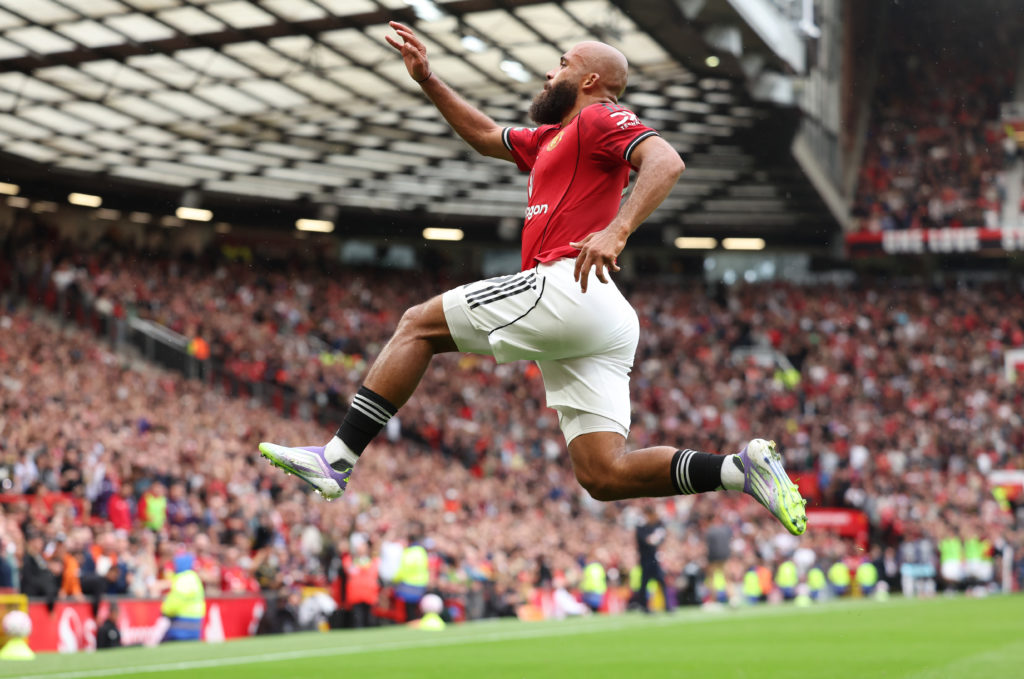 Bryan Mbeumo celebrates scoring for Manchester United vs Burnley.