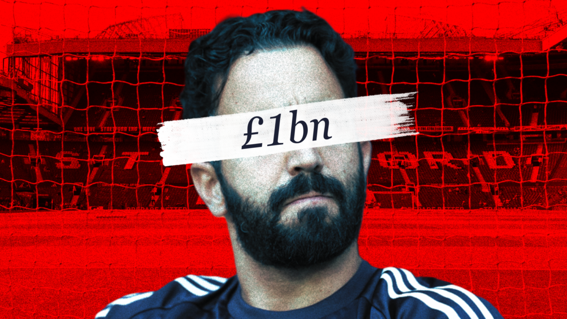 An illustration manager of Manchester United manager Ruben Amorim superimposed over a red background, with '£1bn' wordage