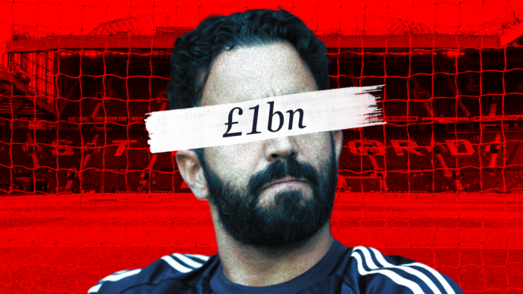 An illustration manager of Manchester United manager Ruben Amorim superimposed over a red background, with '£1bn' wordage