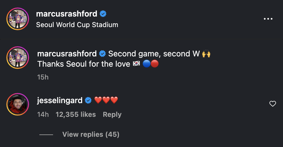 FC Seoul ace Jesse Lingard reacted to the message of former Manchester United teammate Marcus Rashford after Barcelona’s 7-3 win. Credit: Instagram