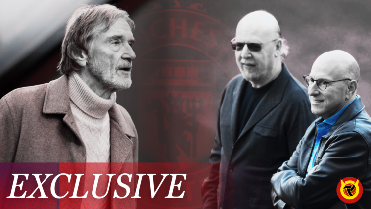 Split image of Sir Jim Ratcliffe and Joel and Avram Glazers, with Manchester United badge, 'exclusive' banner and United in Focus logo