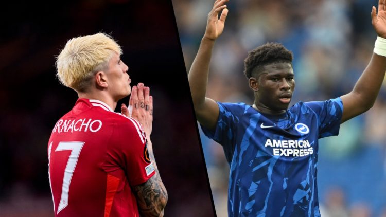 Split image, Alejandro Garnacho praying in Manchester United shirt and Carlos Baleba warms up for Brighton.