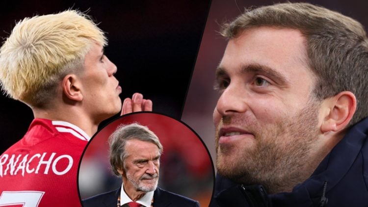 Alejandro Garnacho during the Europa League final between Tottenham and Manchester United, inset Fabrizio Romano, inset Ineos chief Sir Jim Ratcliffe.