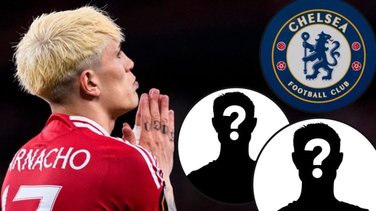 Chelsea target Alejandro Garnacho reacts during the Europa League final between Tottenham Hotspur and Manchester United, inset the Chelsea club crest.