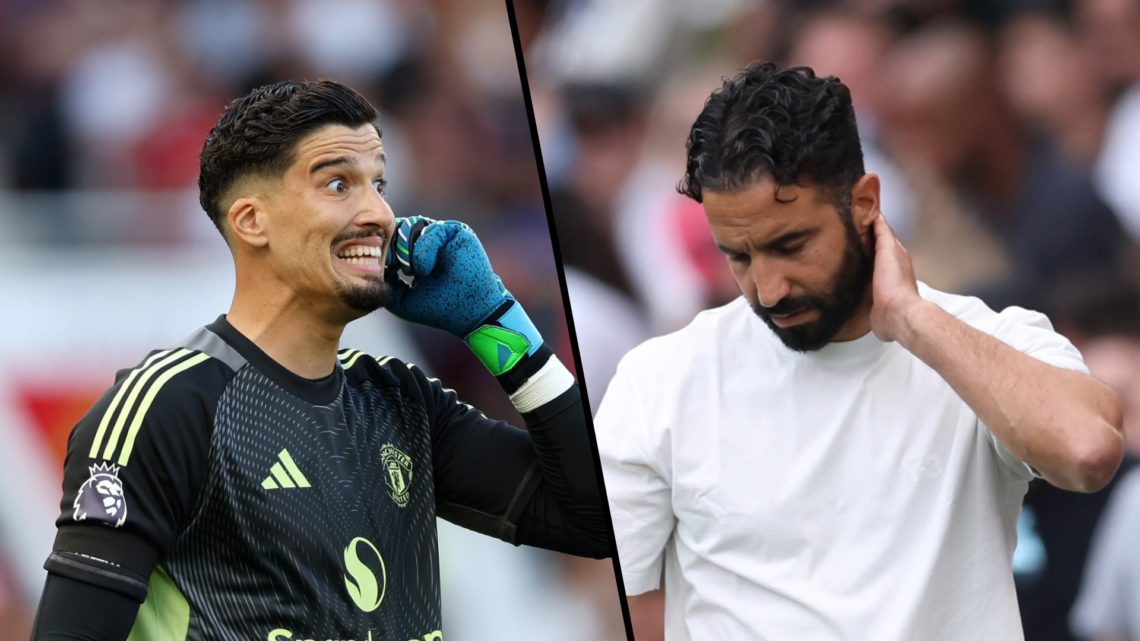 Split image, Altay Bayindir giving instructions to his Manchester United teammates, Ruben Amorim looking frustrated.