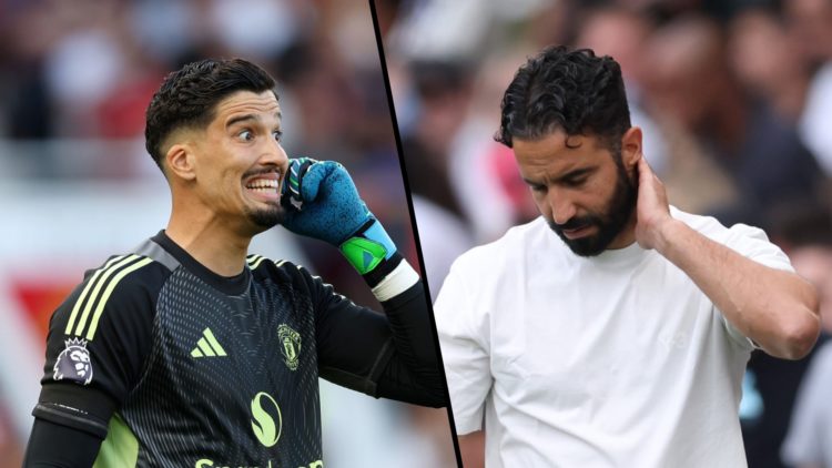 Split image, Altay Bayindir giving instructions to his Manchester United teammates, Ruben Amorim looking frustrated.