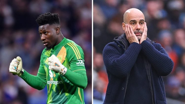 Split image of Manchester United goalkeeper Andre Onana and Manchester City manager Pep Guardiola.