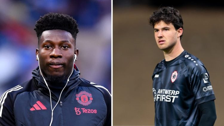 Split image of Manchester United goalkeeper Andre Onana and transfer target Senne Lammens.