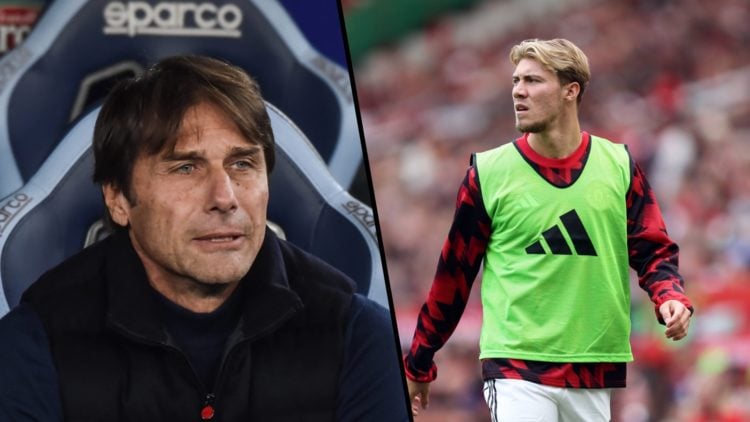 Split image. Antonio Conte sitting on bench while managing Napoli and Rasmus Hojlund warming up for Manchester United on sidelines.