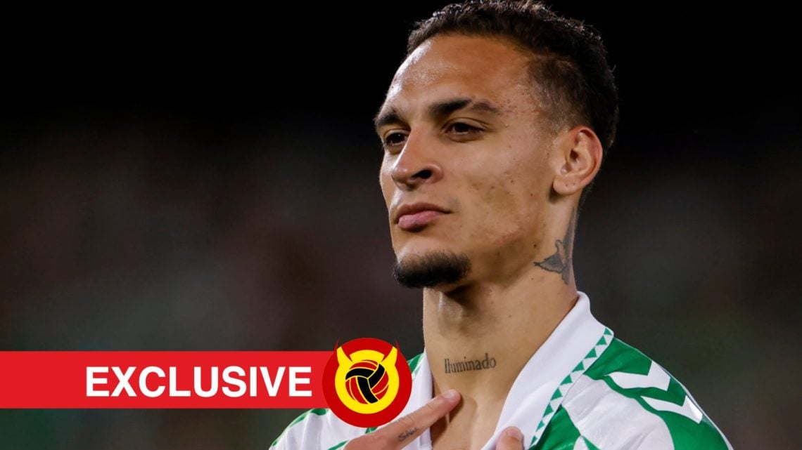 Antony points to neck tattoo in celebration for Real Betis. Overlaid UIF logo and exclusive banner.