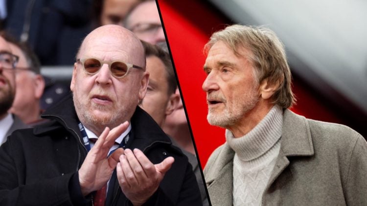 Split image. Avram Glazer claps while watching Manchester United in action and Sir Jim Ratcliffe arriving at Old Trafford.