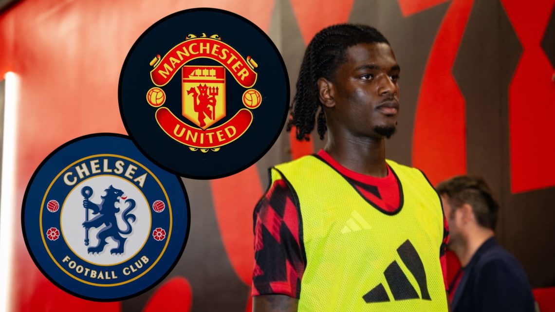 Ayden Heaven in warm up bib pre-game. Inset Chelsea badge and Manchester United badge.
