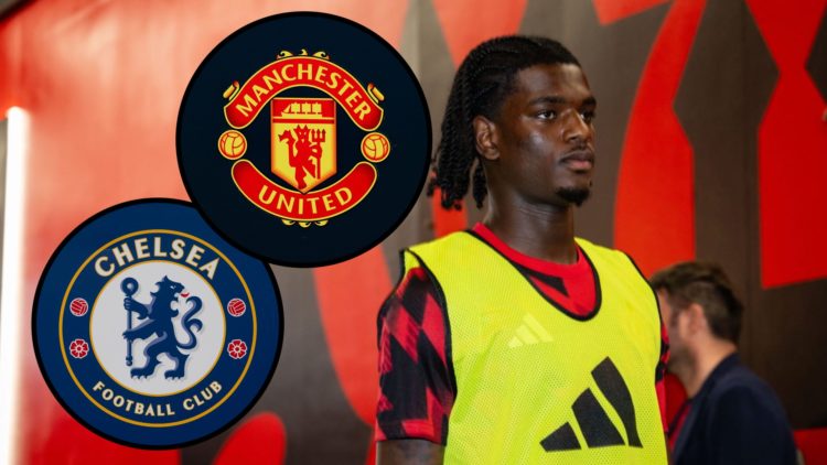 Ayden Heaven in warm up bib pre-game. Inset Chelsea badge and Manchester United badge.