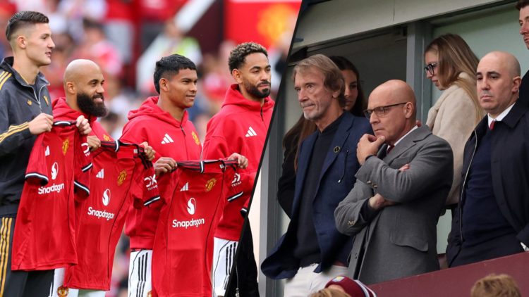 Benjamin Sesko, Bryan Mbeumo, Diego Leon and Matheus Cunha presented by Manchester United, inset Ineos chief Sir Jim Ratcliffe and Omar Berrada.