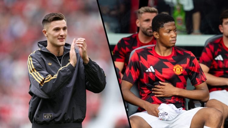 Split image, Benjamin Sesko unveiled at Old Trafford and Chido Obi on bench for Manchester United.