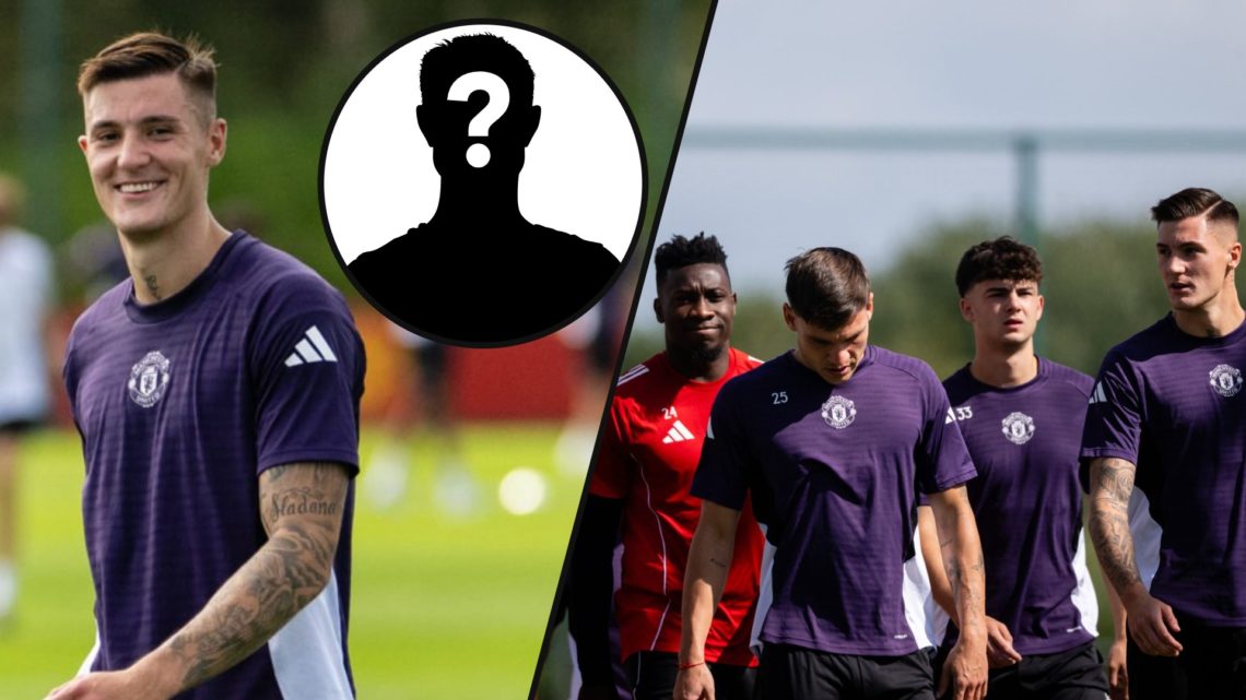 Benjamin Sesko in action during a first-team Manchester United training session, inset the former RB Leipzig striker at the Carrington training com...