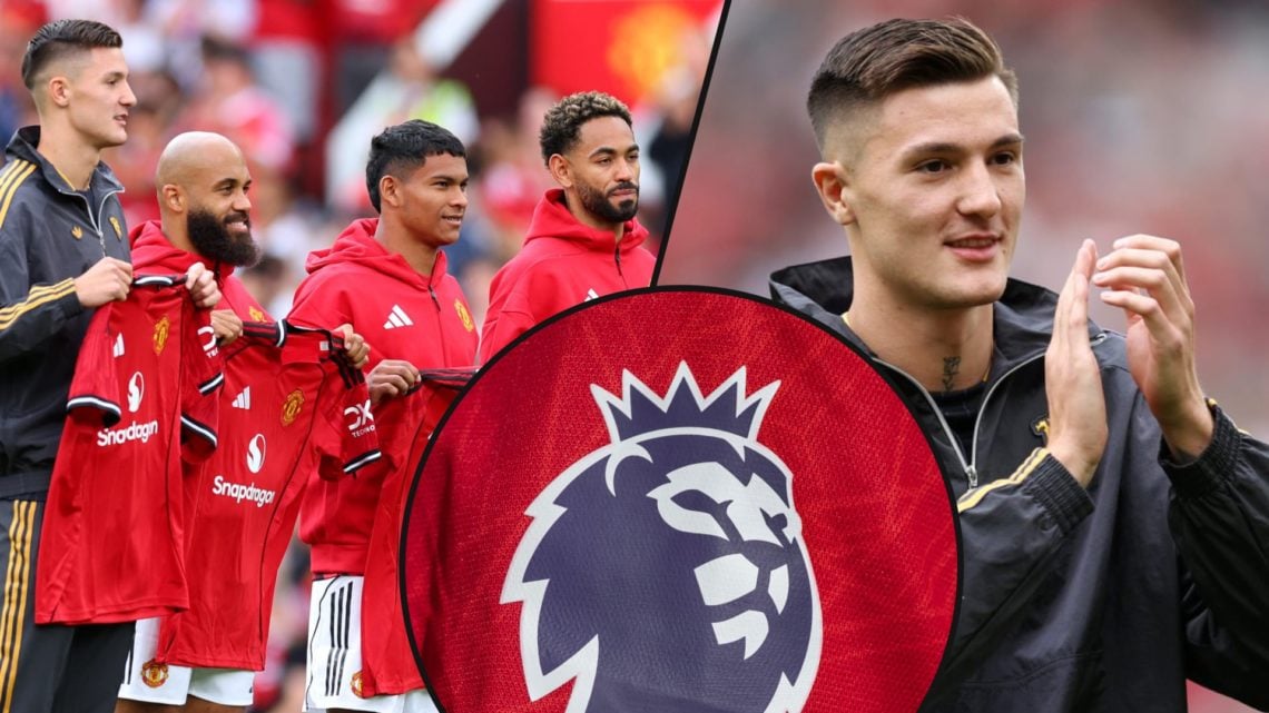 Bryan Mbeumo, Benjamin Sesko, Diego Leon and Matheus Cunha, inset the Manchester United striker, inset an overlay of the Premier League logo.