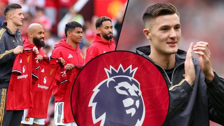 Bryan Mbeumo, Benjamin Sesko, Diego Leon and Matheus Cunha, inset the Manchester United striker, inset an overlay of the Premier League logo.