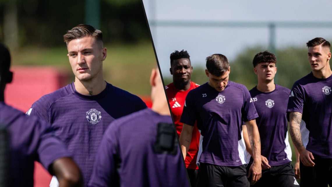 Benjamin Sesko in action during a first-team Manchester United training session at the Carrington training complex, inset the former RB Leipzig str...