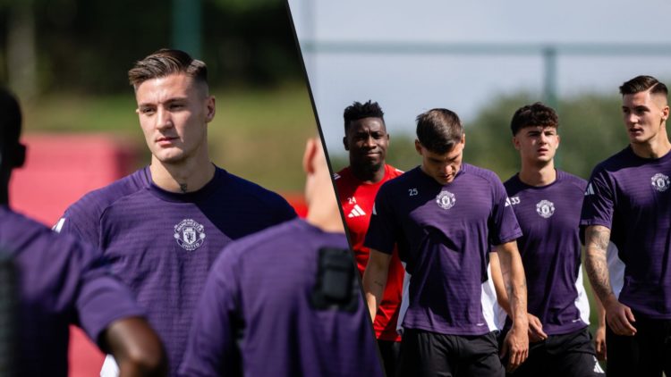 Benjamin Sesko in action during a first-team Manchester United training session at the Carrington training complex, inset the former RB Leipzig str...