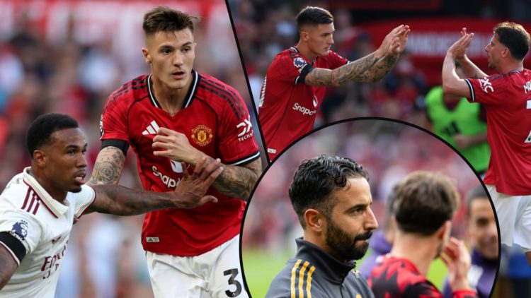 Benjamin Sesko is subbed on for Mason Mount during the Premier League match vs Arsenal at Old Trafford, inset the Manchester United striker, inset ...