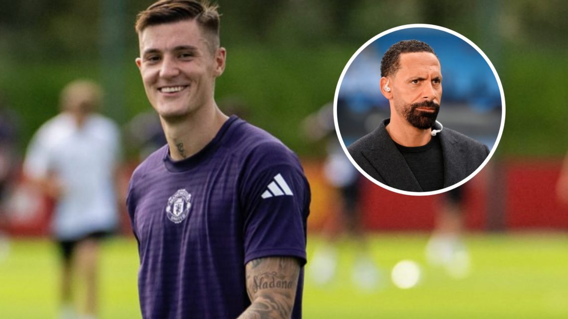 Manchester United striker Benjamin Sesko in training, inset of club legend Rio Ferdinand.