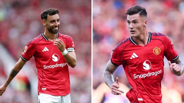 Split image of Manchester United captain Bruno Fernandes and striker Benjamin Sesko.
