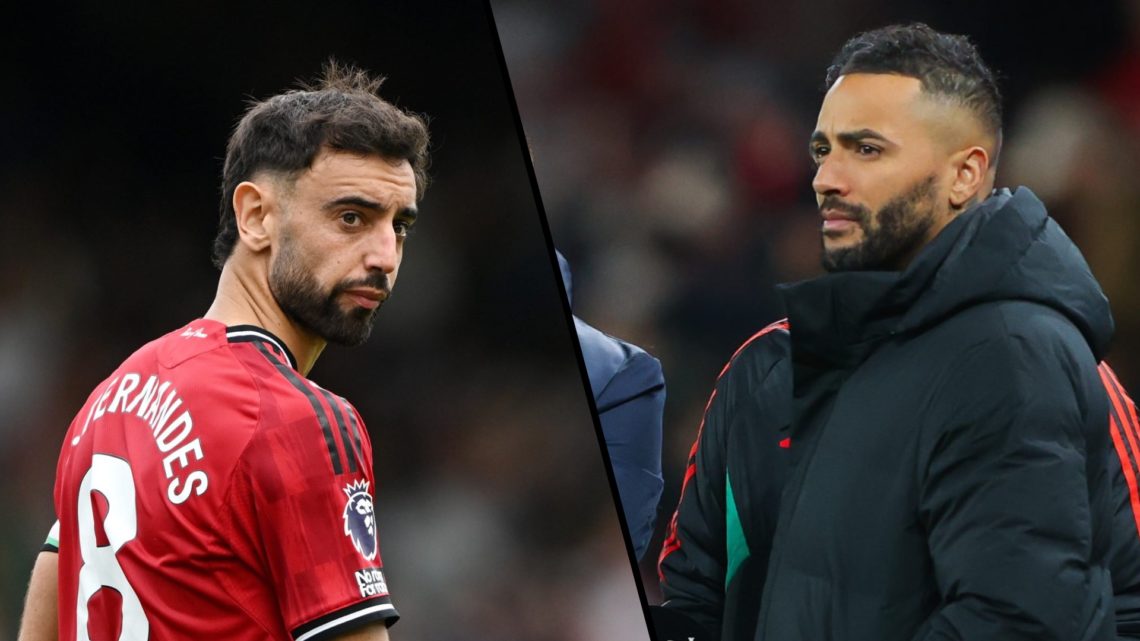 Split image, Bruno Fernandes looks over his shoulder during Manchester United vs Fulham and Danny Simpson watches while on punditry for MUTV.