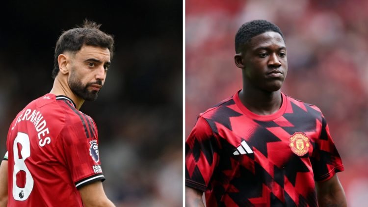 Split image of Manchester United midfielder Bruno Fernandes and Kobbie Mainoo warming up.