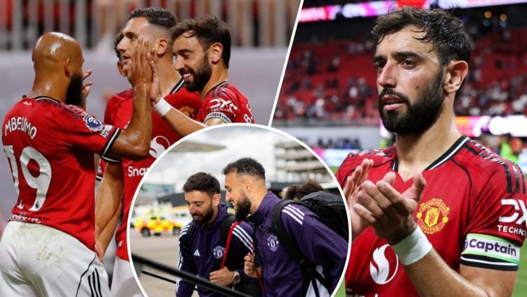 Bruno Fernandes in the Premier League Summer Series against Everton, inset the Manchester United captain, inset an overlay of the Portugal midfielder.