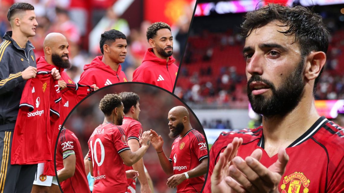 Bryan Mbeumo, Benjamin Sesko, Diego Leon and Matheus Cunha, inset Bruno Fernandes, inset two of Manchester United signings under Ruben Amorim.