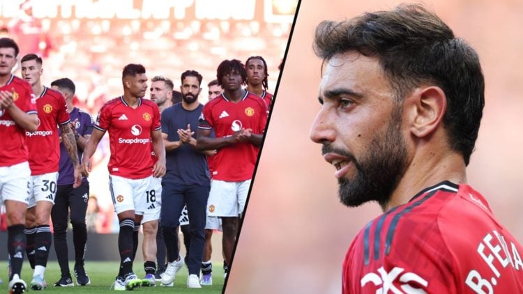 Bruno Fernandes looks on during the Premier League match between Manchester United and Arsenal at Old Trafford, inset photo from the same clash.