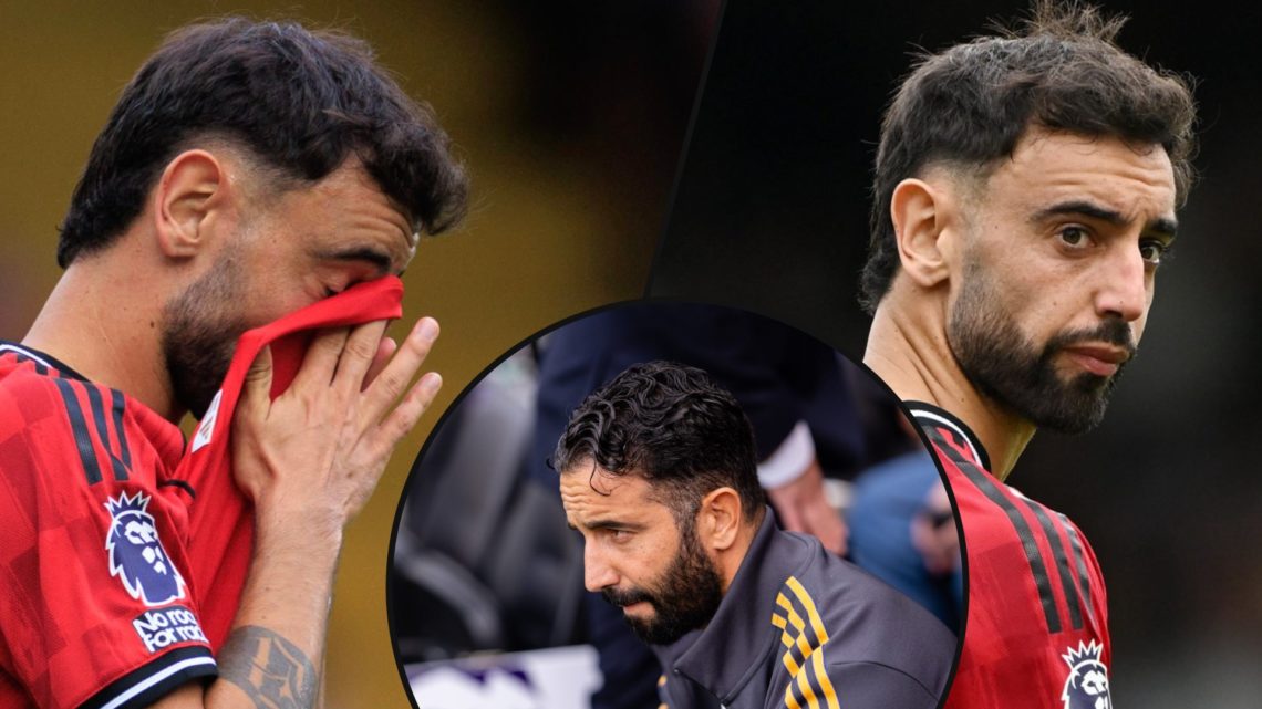 Bruno Fernandes during the Premier League match vs Fulham, inset the Manchester United captain, inset manager Ruben Amorim at Craven Cottage.